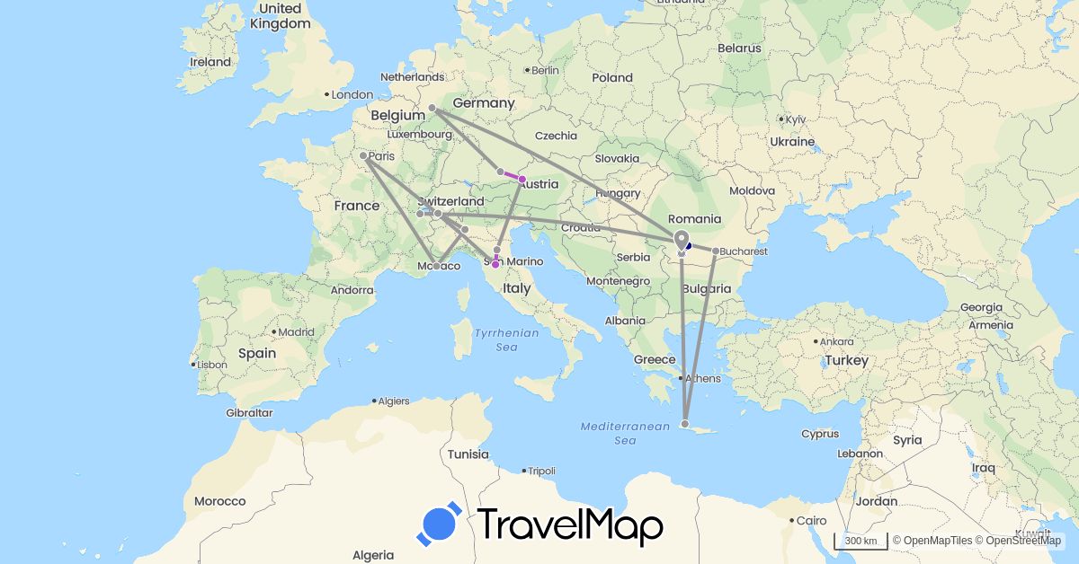 TravelMap itinerary: driving, plane, train in Austria, Switzerland, Germany, France, Greece, Italy, Romania (Europe)