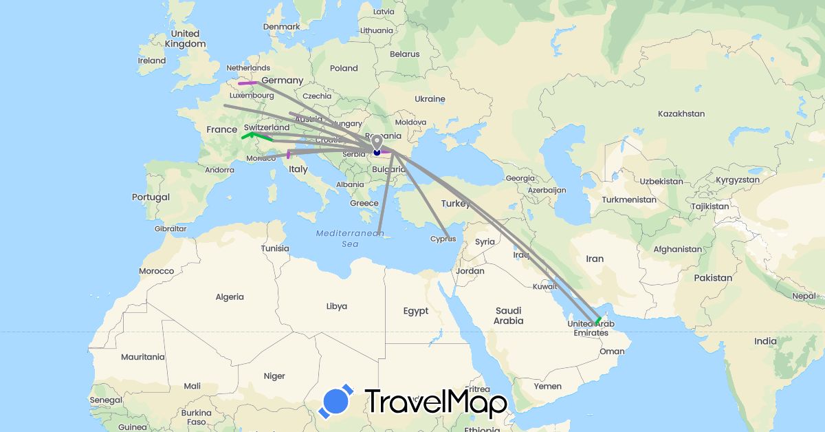 TravelMap itinerary: driving, bus, plane, train in United Arab Emirates, Austria, Belgium, Switzerland, Cyprus, Germany, France, Greece, Italy, Romania (Asia, Europe)